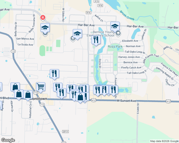 map of restaurants, bars, coffee shops, grocery stores, and more near 7180 Sundrop's Court in Springdale