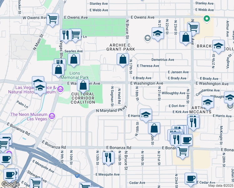 map of restaurants, bars, coffee shops, grocery stores, and more near 845 North Held Road in Las Vegas