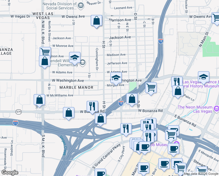map of restaurants, bars, coffee shops, grocery stores, and more near 705 Morgan Avenue in Las Vegas