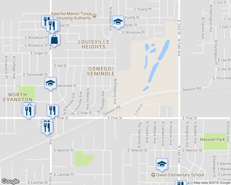 map of restaurants, bars, coffee shops, grocery stores, and more near 1657 North Pittsburg Avenue in Tulsa
