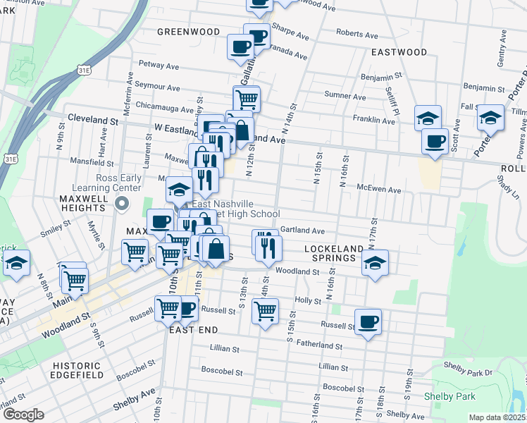 map of restaurants, bars, coffee shops, grocery stores, and more near 1310 Ordway Place in Nashville