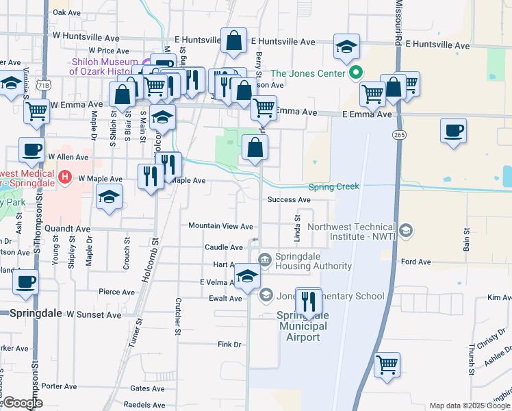 map of restaurants, bars, coffee shops, grocery stores, and more near 506 Park Street in Springdale