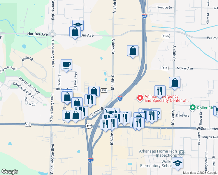 map of restaurants, bars, coffee shops, grocery stores, and more near 700 South 48th Street in Springdale