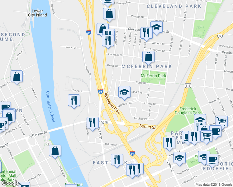 map of restaurants, bars, coffee shops, grocery stores, and more near 510 North 2nd Street in Nashville