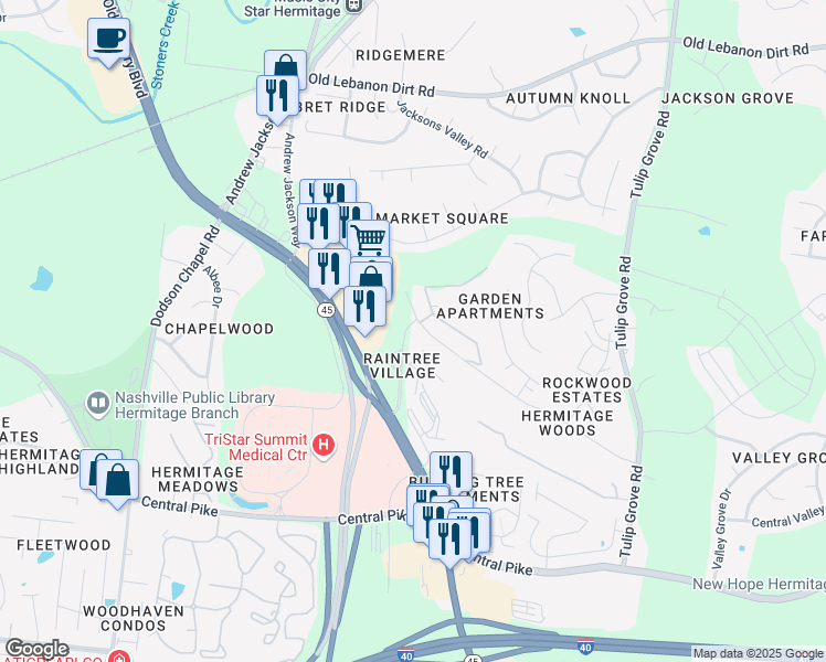 map of restaurants, bars, coffee shops, grocery stores, and more near 629 Rockwood Drive in Nashville