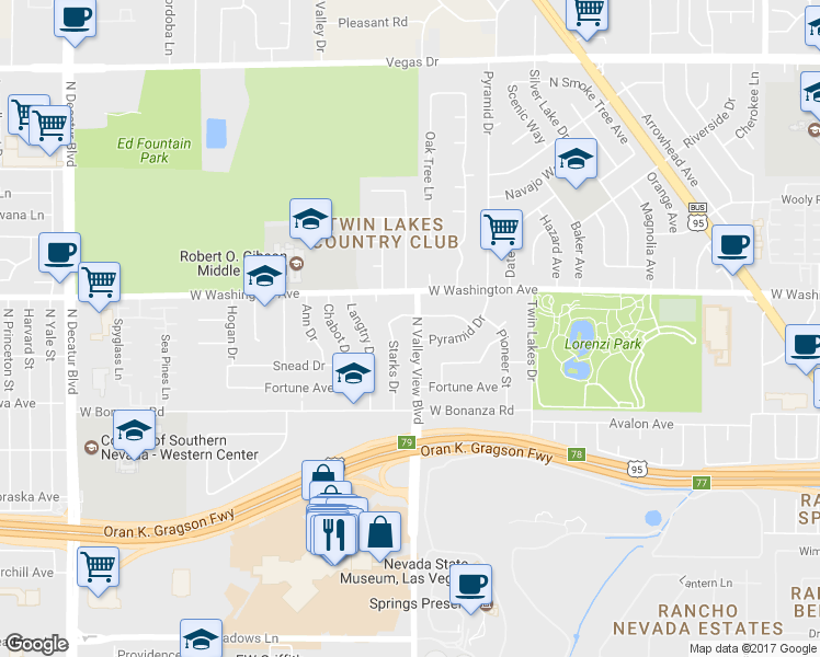 map of restaurants, bars, coffee shops, grocery stores, and more near 721 North Valley View Boulevard in Las Vegas