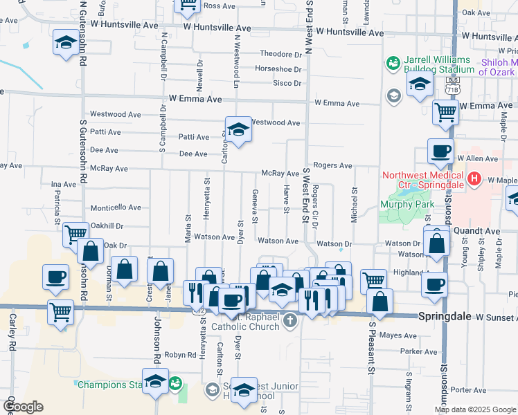 map of restaurants, bars, coffee shops, grocery stores, and more near 507 Geneva Street in Springdale