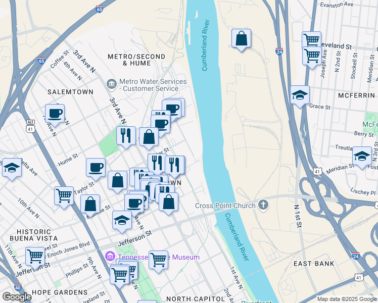 map of restaurants, bars, coffee shops, grocery stores, and more near 1317 Adams Street in Nashville