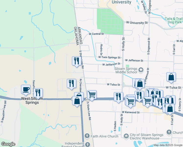 map of restaurants, bars, coffee shops, grocery stores, and more near 2216 West Granite Street in Siloam Springs