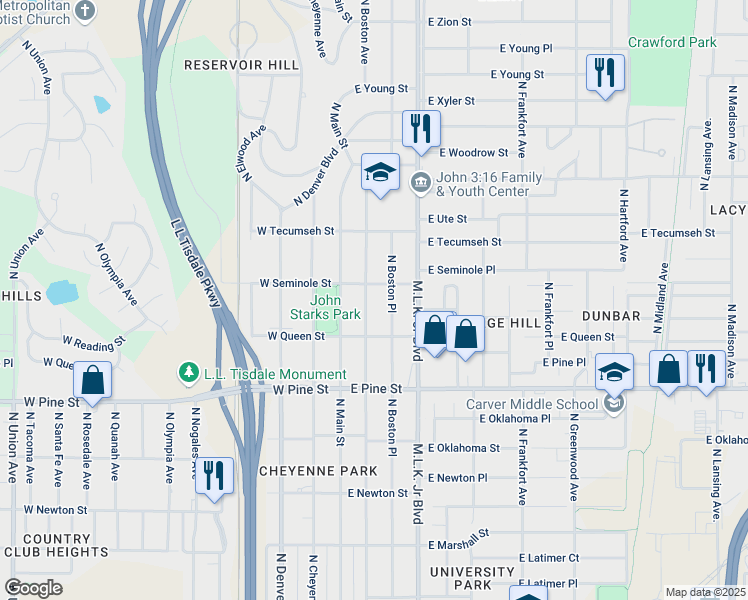map of restaurants, bars, coffee shops, grocery stores, and more near 1635 North Boston Avenue in Tulsa
