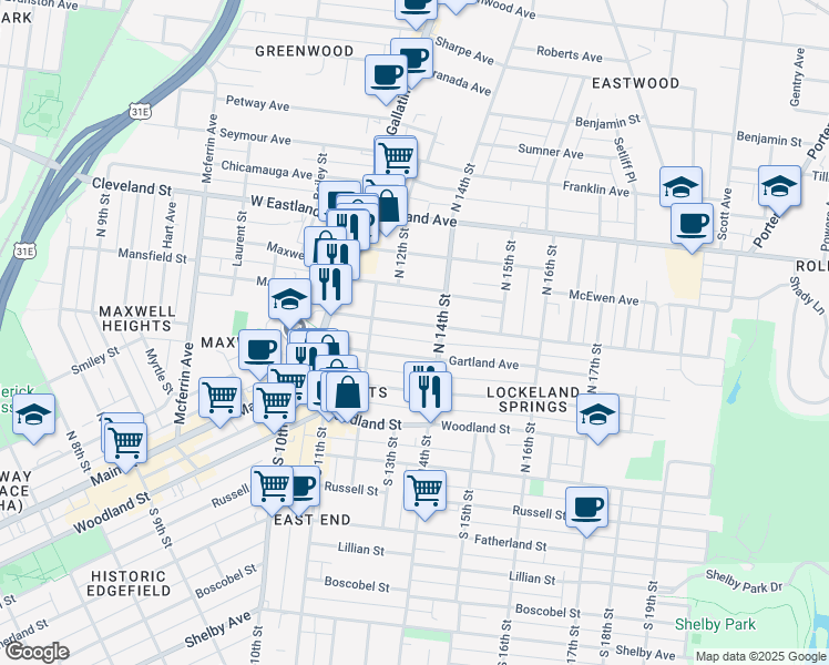 map of restaurants, bars, coffee shops, grocery stores, and more near 1310 Ordway Place in Nashville