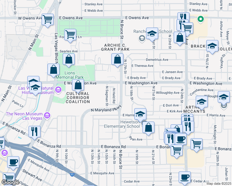 map of restaurants, bars, coffee shops, grocery stores, and more near 845 North Held Road in Las Vegas