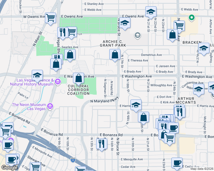map of restaurants, bars, coffee shops, grocery stores, and more near 845 North Held Road in Las Vegas