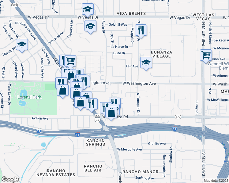 map of restaurants, bars, coffee shops, grocery stores, and more near 2300 Warren Drive in Las Vegas