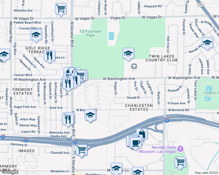 map of restaurants, bars, coffee shops, grocery stores, and more near 4401 Thompson Circle in Las Vegas