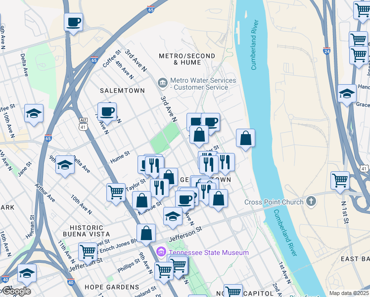 map of restaurants, bars, coffee shops, grocery stores, and more near 1401 3rd Avenue North in Nashville