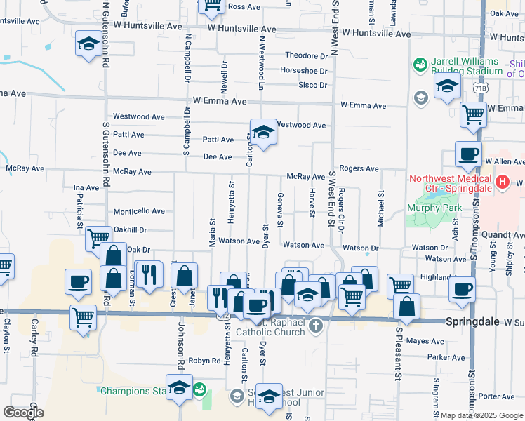 map of restaurants, bars, coffee shops, grocery stores, and more near 504 Dyer Street in Springdale
