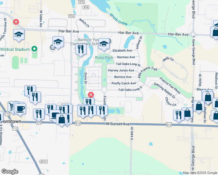 map of restaurants, bars, coffee shops, grocery stores, and more near 765 Founders Park Drive East in Springdale