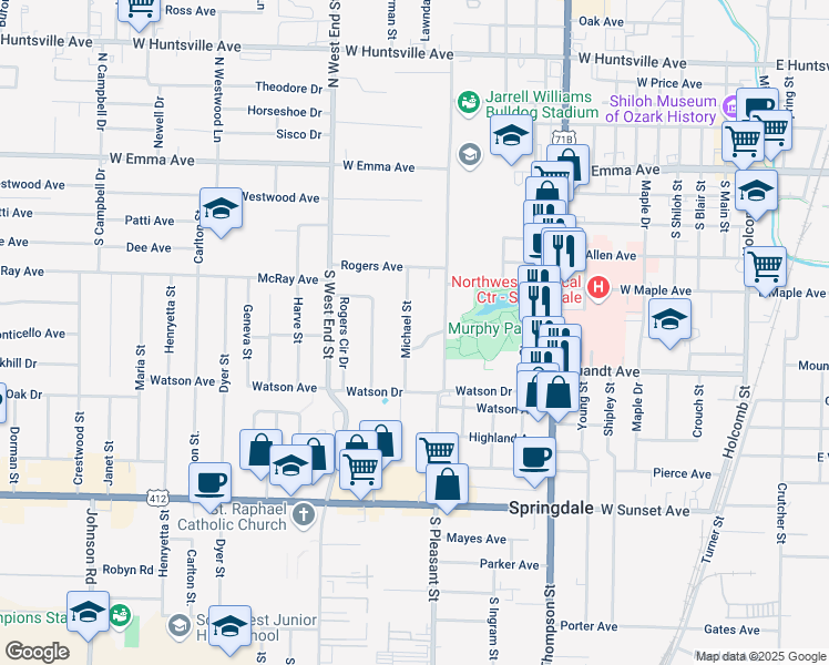 map of restaurants, bars, coffee shops, grocery stores, and more near 311 Michael Street in Springdale