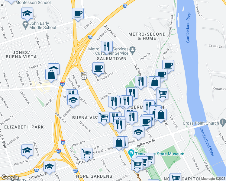 map of restaurants, bars, coffee shops, grocery stores, and more near 602C Hume St in Nashville