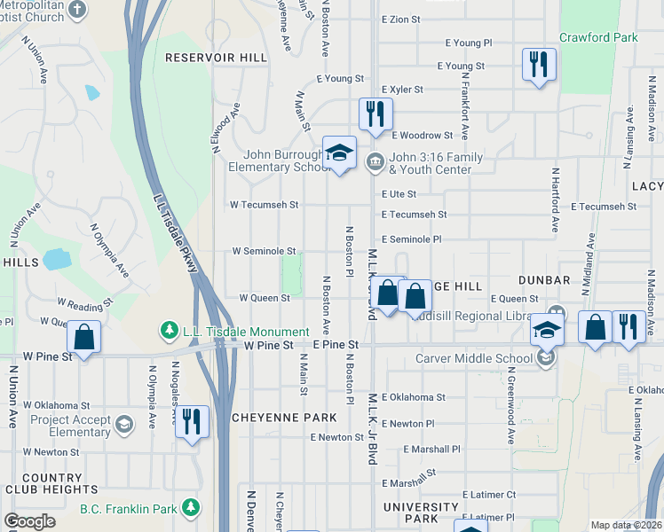 map of restaurants, bars, coffee shops, grocery stores, and more near 1635 North Boston Avenue in Tulsa