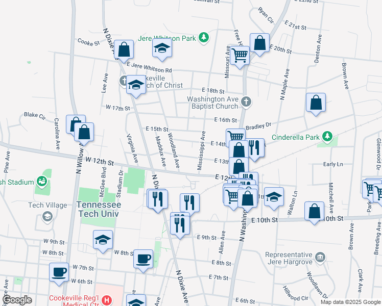map of restaurants, bars, coffee shops, grocery stores, and more near 256 East 13th Street in Cookeville