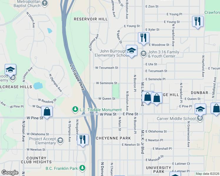 map of restaurants, bars, coffee shops, grocery stores, and more near 1636 North Cheyenne Avenue in Tulsa