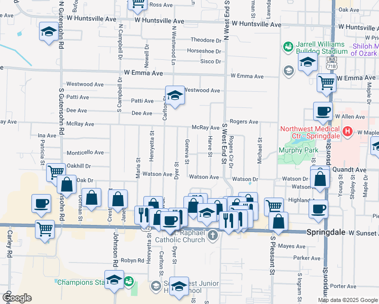 map of restaurants, bars, coffee shops, grocery stores, and more near 507 Geneva Street in Springdale