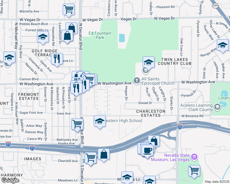 map of restaurants, bars, coffee shops, grocery stores, and more near 4425 Thompson Circle in Las Vegas