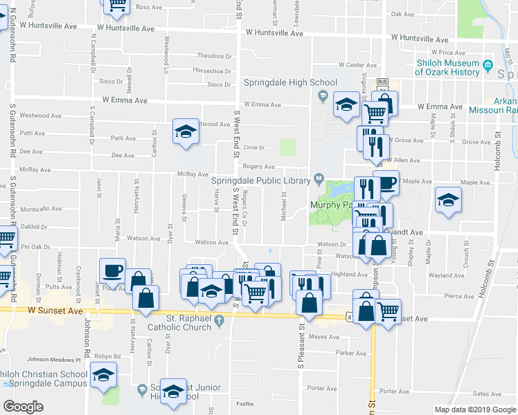 map of restaurants, bars, coffee shops, grocery stores, and more near 113 Rogers Circle Drive in Springdale