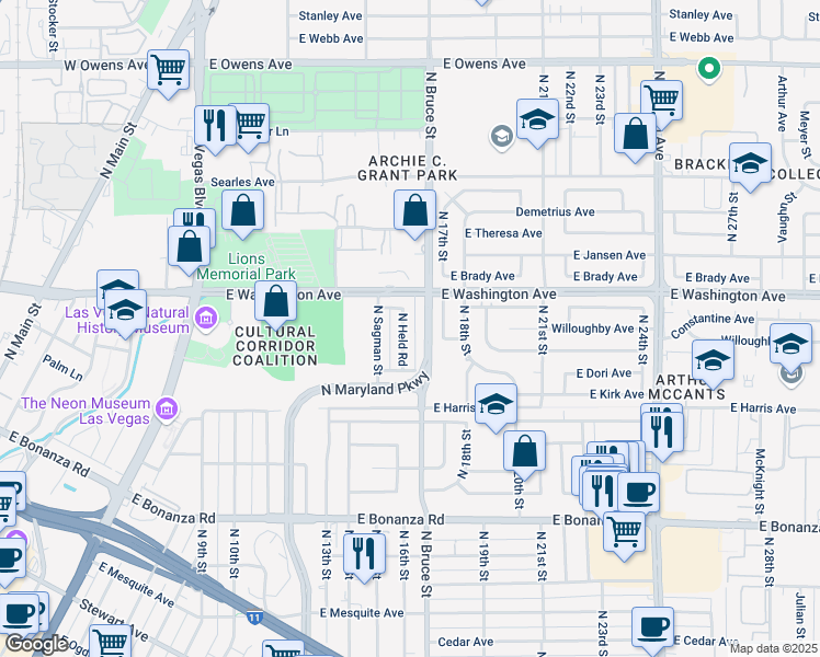 map of restaurants, bars, coffee shops, grocery stores, and more near 844 North Held Road in Las Vegas