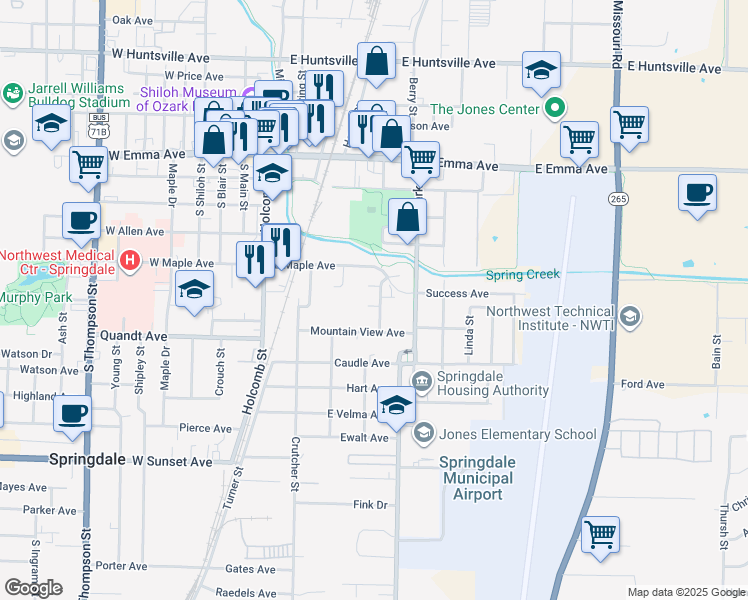 map of restaurants, bars, coffee shops, grocery stores, and more near 530 Cormay Court in Springdale