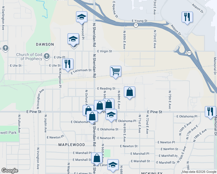 map of restaurants, bars, coffee shops, grocery stores, and more near 6611 East Reading Street in Tulsa