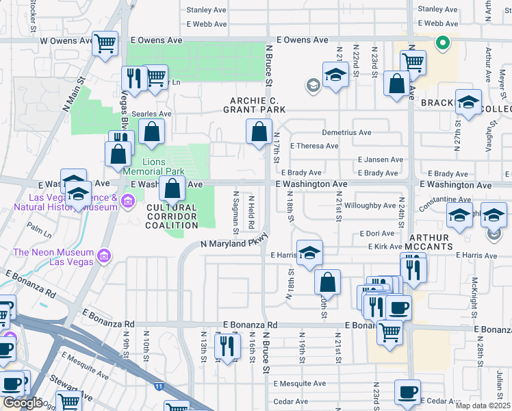 map of restaurants, bars, coffee shops, grocery stores, and more near 844 North Held Road in Las Vegas