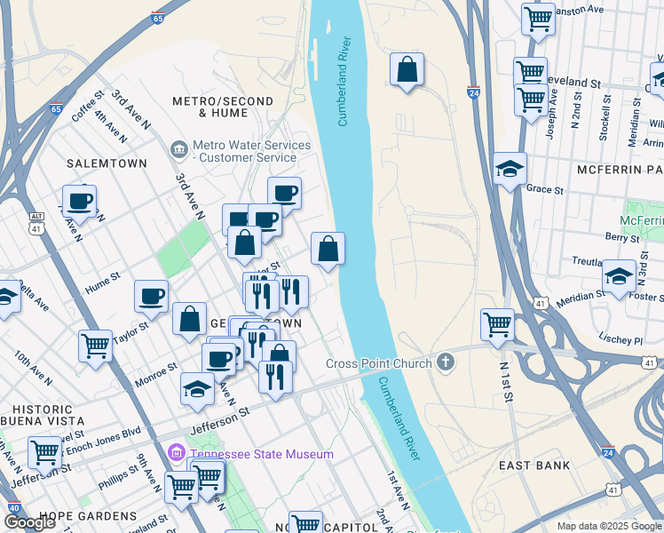 map of restaurants, bars, coffee shops, grocery stores, and more near 1314 Adams Street in Nashville