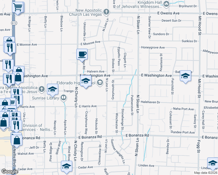 map of restaurants, bars, coffee shops, grocery stores, and more near 1114 North Linn Lane in Las Vegas