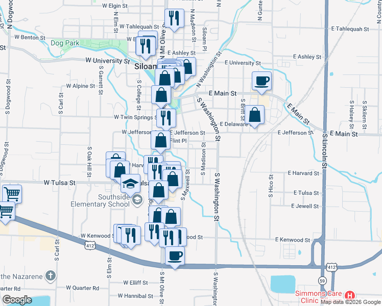 map of restaurants, bars, coffee shops, grocery stores, and more near 605 South Maxwell Street in Siloam Springs
