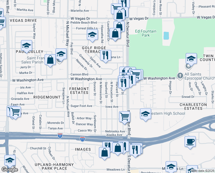 map of restaurants, bars, coffee shops, grocery stores, and more near 700 Stanford Street in Las Vegas