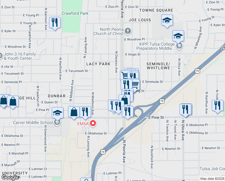 map of restaurants, bars, coffee shops, grocery stores, and more near 1635 North Norfolk Avenue in Tulsa