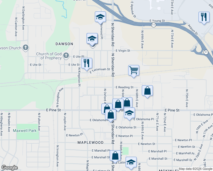 map of restaurants, bars, coffee shops, grocery stores, and more near 1701 North Oxford Avenue in Tulsa