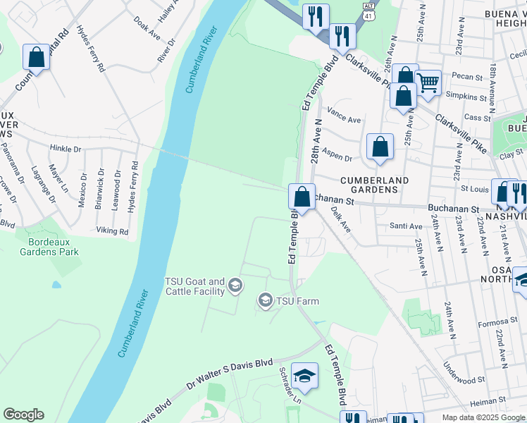 map of restaurants, bars, coffee shops, grocery stores, and more near 1721 Ed Temple Boulevard in Nashville
