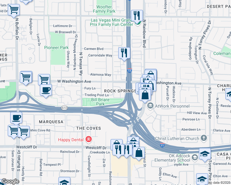 map of restaurants, bars, coffee shops, grocery stores, and more near 725 Rock Springs Drive in Las Vegas