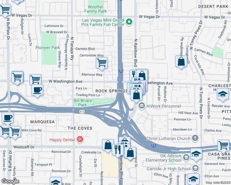 map of restaurants, bars, coffee shops, grocery stores, and more near 753 Rock Springs Drive in Las Vegas