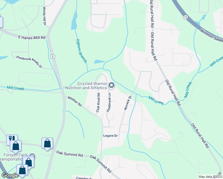 map of restaurants, bars, coffee shops, grocery stores, and more near 5561 Pinebrook Lane in Winston-Salem