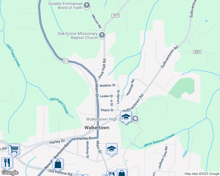 map of restaurants, bars, coffee shops, grocery stores, and more near 3760 Watkins St in Walkertown