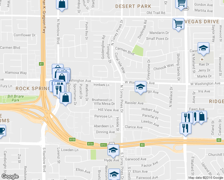 map of restaurants, bars, coffee shops, grocery stores, and more near 705 Raintree Lane in Las Vegas
