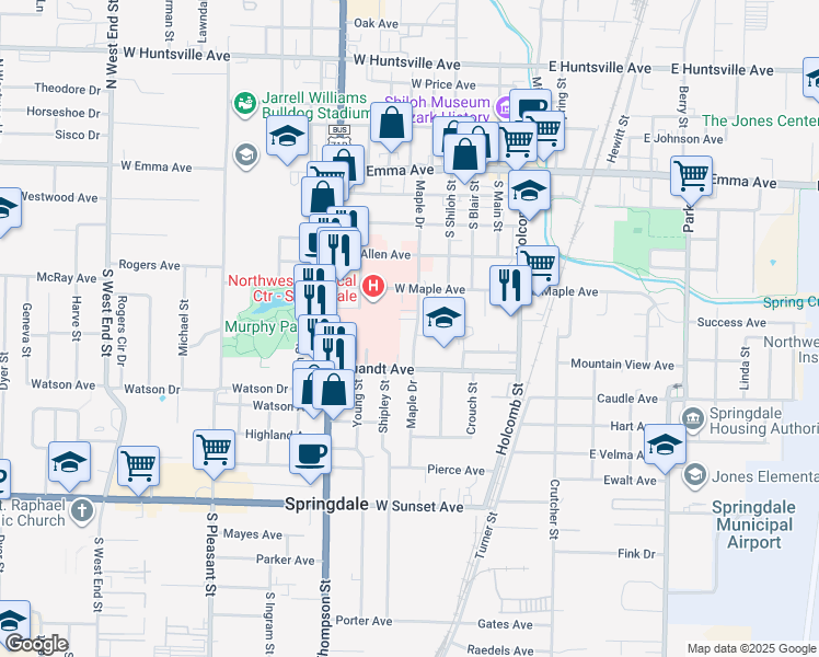 map of restaurants, bars, coffee shops, grocery stores, and more near 606 Maple Drive in Springdale