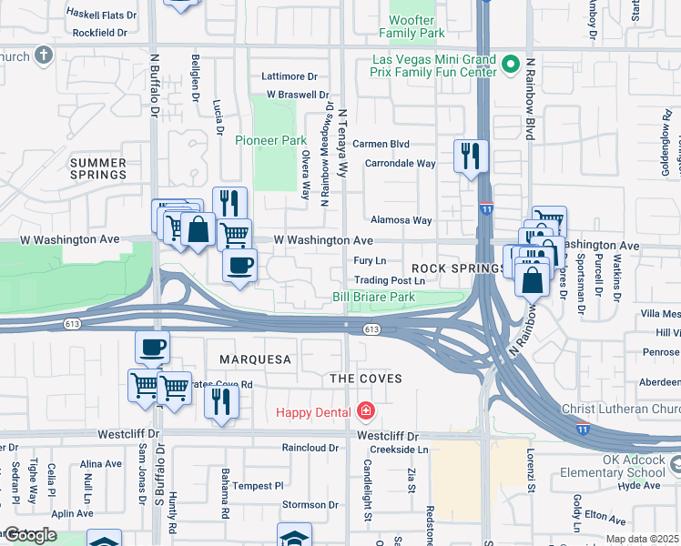 map of restaurants, bars, coffee shops, grocery stores, and more near 751 North Tenaya Way in Las Vegas