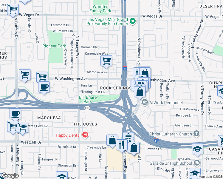 map of restaurants, bars, coffee shops, grocery stores, and more near 725 Rock Springs Drive in Las Vegas