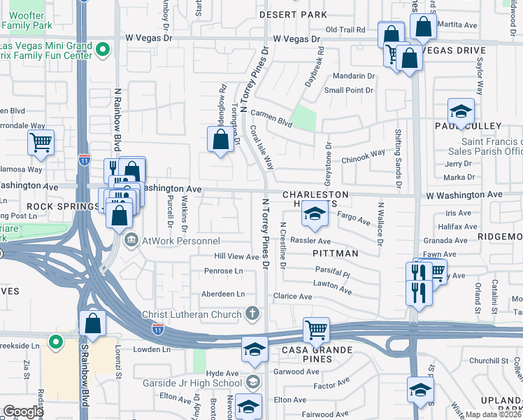 map of restaurants, bars, coffee shops, grocery stores, and more near 705 North Torrey Pines Drive in Las Vegas